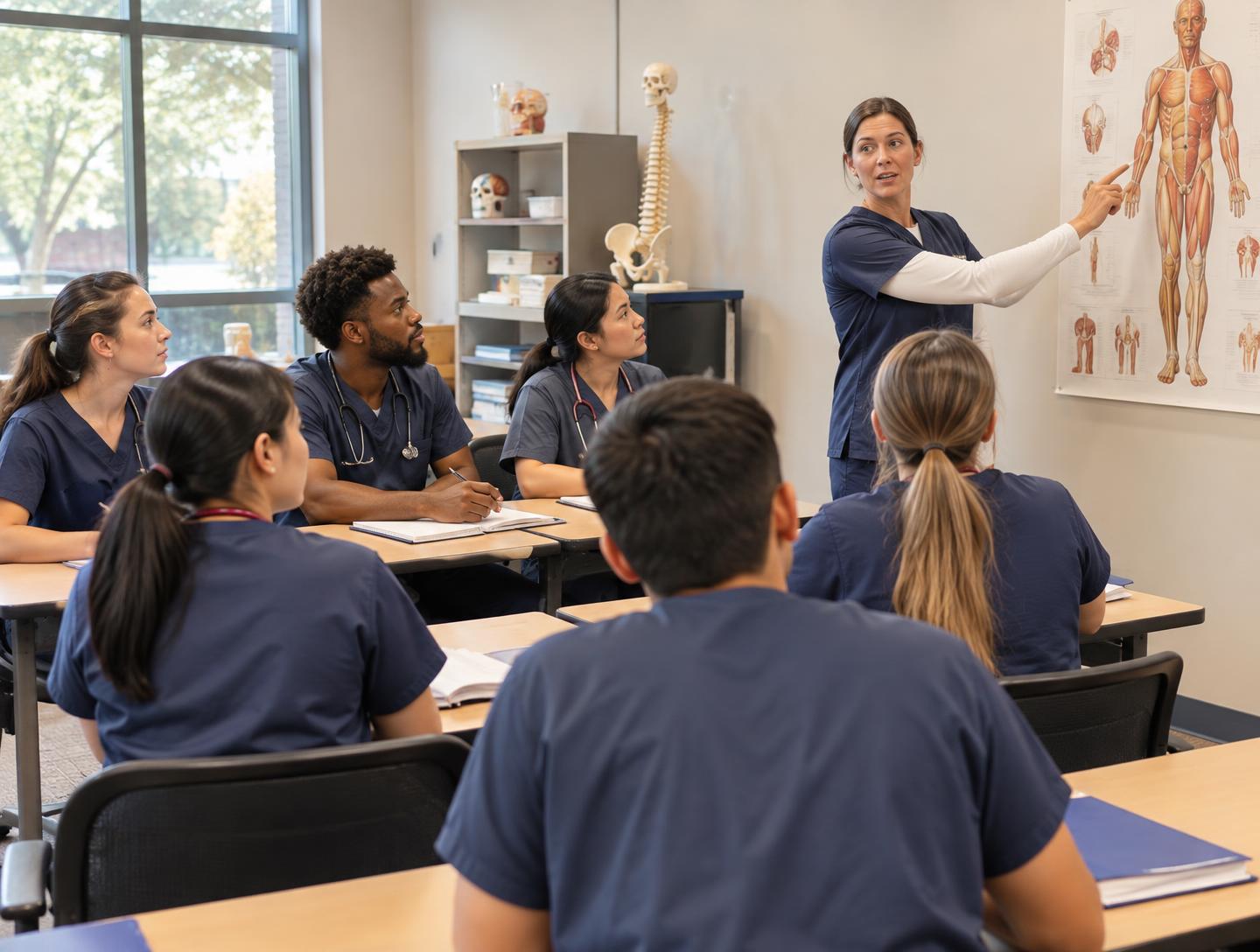 Grupo de estudiantes de Vida Training Center en clase con una enfermera instructora