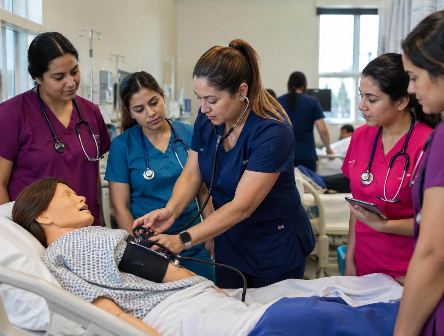 Estudiantes practicando toma de presión arterial con una enfermera instructora en el salón de habilidades de Vida Training Center